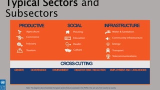 Typical Sectors and
Subsectors
PRODUCTIVE SOCIAL INFRASTRUCTURE
CROSS-CUTTING
GENDER GOVERNANCE ENVIRONMENT DISASTERRISK REDUCTION EMPLOYMENTAND LIVELIHOODS
Note: The diagram above illustrates the typical sectors that are assessed in the PDNA, this can vary from country to country.
 