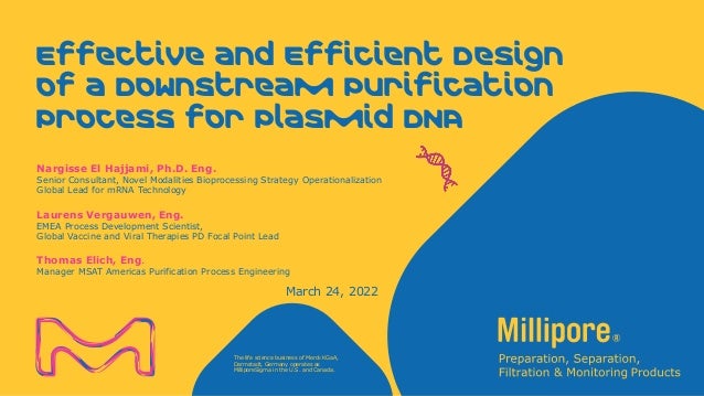 The life science business of Merck KGaA,
Darmstadt, Germany operates as
MilliporeSigma in the U.S. and Canada.
Effective and Efficient Design
of a Downstream Purification
Process for Plasmid DNA
March 24, 2022
Nargisse El Hajjami, Ph.D. Eng.
Senior Consultant, Novel Modalities Bioprocessing Strategy Operationalization
Global Lead for mRNA Technology
Laurens Vergauwen, Eng.
EMEA Process Development Scientist,
Global Vaccine and Viral Therapies PD Focal Point Lead
Thomas Elich, Eng.
Manager MSAT Americas Purification Process Engineering
 