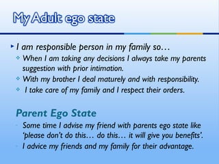 I   am responsible person in my family so…
  When I am taking any decisions I always take my parents
   suggestion with prior intimation.
  With my brother I deal maturely and with responsibility.

  I take care of my family and I respect their orders.



 Parent Ego State
 ◦   Some time I advise my friend with parents ego state like
     ‘please don’t do this… do this… it will give you benefits’.
 ◦   I advice my friends and my family for their advantage.
 