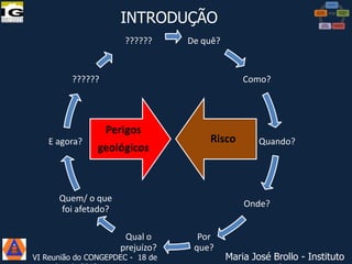 INTRODUÇÃO
??????

De quê?

??????

Como?

Perigos
E agora?

geológicos

Risco

Quem/ o que
foi afetado?

Quando?

Onde?
Qual o
prejuízo?

VI Reunião do CONGEPDEC - 18 de

Por
que?

Maria José Brollo - Instituto

 