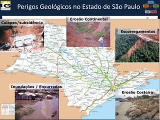 Perigos Geológicos no Estado de São Paulo
Colapso/subsidência

Erosão Continental

Escorregamentos

Inundações / Enxurradas

Erosão Costeira

VI Reunião do CONGEPDEC - 18 de

Maria José Brollo - Instituto

 