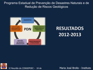 Programa Estadual de Prevenção de Desastres Naturais e de
Redução de Riscos Geológicos

RESULTADOS
2012-2013

VI Reunião do CONGEPDEC - 18 de

Maria José Brollo - Instituto

 
