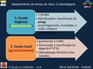 Mapeamento de áreas de risco: 2 abordagens
• 1:50.000
1. Escala
• Identificação e classificação do
perigo
Regional
(planejamento) (escorregamento, inundação, e
rosão, colapso)
• (Metodologia IG)
• geralmente 1:3.000.
2. Escala Local • Setorização e classificação do
risco (R=P*V*D)
(gerenciamento)
• (Metodologia Ministério das
Cidades)

VI Reunião do CONGEPDEC - 18 de

Maria José Brollo - Instituto

 