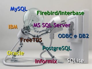 MySQL
          Firebird/Interbase

IBM      MS SQL Server
                  ODBC e DB2
     FreeTDS
             PostgreSQL
Oracle
          Informix    SQLite
 