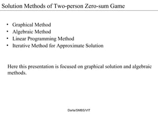 Solution Methods of Two-person Zero-sum Game
• Graphical Method
• Algebraic Method
• Linear Programming Method
• Iterative Method for Approximate Solution
Darla/SMBS/VIT
Here this presentation is focused on graphical solution and algebraic
methods.
 
