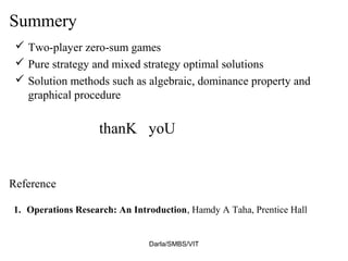 Summery
 Two-player zero-sum games
 Pure strategy and mixed strategy optimal solutions
 Solution methods such as algebraic, dominance property and
graphical procedure
Darla/SMBS/VIT
thanK yoU
1. Operations Research: An Introduction, Hamdy A Taha, Prentice Hall
Reference
 
