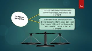 16
  La conformité aux conventions
  internationales sur les droits de
             l’enfant

   La modification et l’application
d’une législation ferme qui doit viser
 l’agresseur et la restauration de la
    personnalité compromise de
               l’enfant
 