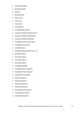 Gobierno Autónomo Descentralizando Parroquial Rural “José Luis Tamayo” 131
 24 de Septiembre
 Nicolás Lapentti
 Paraíso
 Brisas del Mar
 Arena y Sol
 6 de Junio
 Centenario
 9 de Octubre
 Ciudadela Mar del Sol
 Conjunto Residencial Mar del Sol
 Conjunto Residencial Nautilyus
 Conjunto Residencial Galilea
 Ciudadela Puerta del Sol fase 1
 Ciudadela Los Geranio
 Jardín Botánico
 Ciudadela Puerta del Sol fase 1 y 2
 San Raymundo 1
 San Raymundo 2
 San Raymundo 3
 San Raymundo 4
 Ciudadela ADEMS
 Ciudadela Vinicio Yagual 1
 Ciudadela Vinicio Yagual 2
 Ciudadela Siria Bedoya
 Nueva Jerusalén 1
 Nueva Jerusalén 2
 Colinas de Salinas 1
 Colinas de Salinas 2
 Ciudadela Punta Carnero
 Ciudad Punta Carnero
 León Febres Cordero
 