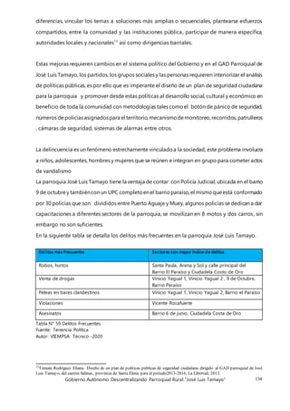 Gobierno Autónomo Descentralizando Parroquial Rural “José Luis Tamayo” 134
diferencias, vincular los temas a soluciones más amplias o secuenciales, plantearse esfuerzos
compartidos, entre la comunidad y las instituciones pública, participar de manera específica,
autoridades locales y nacionales13
así como dirigencias barriales.
Estas mejoras requieren cambios en el sistema político del Gobierno y en el GAD Parroquial de
José Luis Tamayo, los partidos, los grupos sociales y las personas requieren interiorizar el análisis
de políticas públicas, es por ello que es imperante el diseño de un plan de seguridad ciudadana
para la parroquia y promover desde estas políticas al desarrollo social, cultural y económico en
beneficio de toda la comunidad con metodologías tales comoel botón de pánico de seguridad,
números depolicíasasignadospara el territorio,mecanismodemonitoreo,recorridos, patrulleros
, cámaras de seguridad, sistemas de alarmas entre otros.
La delincuencia es un fenómeno estrechamente vinculadoa la sociedad, este problema involucra
a niños, adolescentes, hombres y mujeres que se reúnen e integran en grupo para cometer actos
de vandalismo
La parroquia José Luis Tamayo tiene la ventaja de contar con Policía Judicial, ubicada en el barrio
9 de octubrey tambiéncon un UPC completoenel barrio paraíso,el mismo queestá conformado
por 30 policías que son divididos entre Puerto Aguaje y Muey, algunos policías se dedican a dar
capacitaciones a diferentes sectores de la parroquia, se movilizan en 8 motos y dos carros, sin
embargo no son suficientes.
En la siguiente tabla se detalla los delitos más frecuentes en la parroquia José Luis Tamayo.
Delitos más Frecuentes Sectores con mayor índice de delitos .
Robos, hurtos Santa Paula, Arena y Sol y calle principal del
Barrio El Paraíso y Ciudadela Costo de Oro
Venta de drogas Vinicio Yagual 1, Vinicio Yagual 2 , 9 de Octubre,
Barrio Paraíso
Peleas en bares clandestinos Vinicio Yagual 1, Vinicio Yagual 2, Barrio el Paraíso
Violaciones Vicente Rocafuerte
Asesinatos Barrio 6 de junio, Ciudadela Costa de Oro
Tabla N° 59 Delitos Frecuentes
Fuente: Tenencia Política
Autor: VIEMPSA Técnico -2020
13
Tómala Rodríguez Eliana. Diseño de un plan de políticas públicas de seguridad ciudadana dirigido al GAD parroquial de José
Luis Tamayo, del cantón Salinas, provincia de Santa Elena para el período2013-2016, La Libertad, 2013.
 