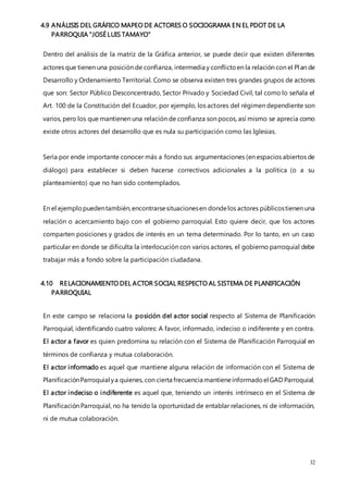 32
4.9 ANÁLISIS DEL GRÁFICO MAPEO DE ACTORES O SOCIOGRAMA EN EL PDOT DE LA
PARROQUIA “JOSÉ LUIS TAMAYO”
Dentro del análisis de la matriz de la Gráfica anterior, se puede decir que existen diferentes
actores que tienen una posición de confianza, intermedia y conflictoen la relación con el Plan de
Desarrollo y Ordenamiento Territorial. Como se observa existen tres grandes grupos de actores
que son: Sector Público Desconcentrado, Sector Privado y Sociedad Civil, tal como lo señala el
Art. 100 de la Constitución del Ecuador, por ejemplo, los actores del régimen dependiente son
varios, pero los que mantienen una relación de confianza son pocos, así mismo se aprecia como
existe otros actores del desarrollo que es nula su participación como las Iglesias.
Sería por ende importante conocer más a fondo sus argumentaciones (en espacios abiertos de
diálogo) para establecer si deben hacerse correctivos adicionales a la política (o a su
planteamiento) que no han sido contemplados.
En el ejemplopuedentambién,encontrarsesituacionesen dondelos actores públicostienen una
relación o acercamiento bajo con el gobierno parroquial. Esto quiere decir, que los actores
comparten posiciones y grados de interés en un tema determinado. Por lo tanto, en un caso
particular en donde se dificulta la interlocución con varios actores, el gobierno parroquial debe
trabajar más a fondo sobre la participación ciudadana.
4.10 RELACIONAMIENTO DEL ACTOR SOCIAL RESPECTO AL SISTEMA DE PLANIFICACIÓN
PARROQUIAL
En este campo se relaciona la posición del actor social respecto al Sistema de Planificación
Parroquial, identificando cuatro valores: A favor, informado, indeciso o indiferente y en contra.
El actor a favor es quien predomina su relación con el Sistema de Planificación Parroquial en
términos de confianza y mutua colaboración.
El actor informado es aquel que mantiene alguna relación de información con el Sistema de
PlanificaciónParroquial ya quienes, con cierta frecuencia mantieneinformadoel GAD Parroquial.
El actor indeciso o indiferente es aquel que, teniendo un interés intrínseco en el Sistema de
Planificación Parroquial, no ha tenido la oportunidad de entablar relaciones, ni de información,
ni de mutua colaboración.
 