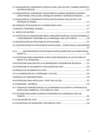 8
13.1ALINEACIÓN DEL COMPONENTE SOCIOCULTURAL CON LOS ODS Y CAMBIO CLIMÁTICO Y
GESTIÓN DE RIESGOS. ......................................................................................................213
13.2ALINEACIÓN DEL COMPONENTE ASENTAMIENTO HUMANO, MOVILIDAD, ENERGÍA Y
CONECTIVIDAD CON LOS ODS, ENFOQUE DE GÉNERO Y GESTIONA DE RIESGOS........214
13.3ALINEACIÓN DEL COMPONENTE POLÍTICO INSTITUCIONAL CON LOS ODS Y LOS
ENFOQUES DE GÉNERO....................................................................................................215
LOS ENFOQUES DE IGUALDAD EN LA PLANIFICACIÓN LOCAL.................................................215
13.4MODELO TERRITORIAL DESEADO.......................................................................................217
14. MODELO DE GESTIÓN.........................................................................................................219
14.1ESTRATEGIA DE COORDINACIÓN PARA LA IMPLEMENTACIÓN DEL PLAN DE DESARROLLO
Y ORDENAMIENTO TERRITORIAL DE LA PARROQUIA “JOSÉ LUÍS TAMAYO”. .................220
14.2IDENTIFICACIÓN DE ESTRATEGIAS DE ARTICULACIÓN......................................................221
14.2.1IDENTIFICACIÓN DE ESTRATEGIAS DE ARTICULACIÓN – COMPETENCIAS CONCURRENTES
...........................................................................................................................................221
14.2.2............IDENTIFICACIÓN DE ESTRATEGIAS DE ARTICULACIÓN CON LAS COMPETENCIAS -
GRUPO #3..........................................................................................................................223
14.3ESTRATEGIAS PARA GARANTIZARLA REDUCCIÓN PROGRESIVA DE LOS FACTORES DE
RIESGO O SU MITIGACIÓN................................................................................................224
14.4ESTRATEGIAS PARA REDUCIR LA VULNERABILIDAD E INCREMENTAR RESILENCIA..........225
14.5ESTRATEGIAS DE SEGUIMIENTO Y EVALUACIÓN DEL PDOT..............................................226
14.6PROCESO DE SEGUIMIENTO AL PDOT................................................................................227
14.7LA PLANIFICACIÓN DE LA PARROQUIA Y LOS ODS...........................................................228
14.8MODELO DE IMPLEMENTACIÓN.........................................................................................229
14.9ESTRATEGIAS PARA ARTICULAR EL PDOT CON LOS ODS.................................................232
14.10 PANDEMIA - HISTÓRICO ..................................................................................................238
14.11 TENDENCIA TEMPORO ESPACIAL DE LA PANDEMIA EN ECUADOR Y LA PROVINCIA DE
SANTA ELENA (FEBRERO AL 19 DE ABRIL DEL 2020)........................................................238
14.12 ACCIONES REALIZADAS DURANTE LA PANDEMIA EN LA PARROQUIA JOSÉ LUIS
TAMAYO............................................................................................................................241
14.13 EVALUACIÓN DEL PDOT ...................................................................................................243
14.14 ESTRATEGIAS DE PROMOCIÓN Y DIFUSIÓN DEL PDOT...................................................244
 
