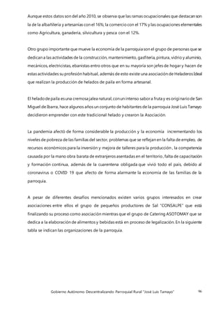 Gobierno Autónomo Descentralizando Parroquial Rural “José Luis Tamayo” 96
Aunque estos datos son del año 2010, se observa que las ramas ocupacionales que destacan son
la de la albañilería y artesanías con el 16%; la comerciocon el 17% y las ocupaciones elementales
como Agricultura, ganadería, silvicultura y pesca con el 12%.
Otro grupo importante que mueve la economía de la parroquia son el grupo de personas que se
dedican a las actividades de la construcción, mantenimiento, gasfitería, pintura, vidrio y aluminio,
mecánicos, electricistas, ebanistas entro otros que en su mayoría son jefes de hogar y hacen de
estas actividades su profesión habitual, además de esto existe una asociación de Heladeros Ideal
que realizan la producción de helados de paila en forma artesanal.
El heladodepaila esuna cremosa jalea natural,conun intenso sabora fruta y es originariode San
Miguel de Ibarra, hace algunos años un conjunto de habitantes de la parroquia José Luis Tamayo
decidieron emprender con este tradicional helado y crearon la Asociación.
La pandemia afectó de forma considerable la producción y la economía incrementando los
niveles de pobreza de las familias del sector, problemas que se reflejan en la falta de empleo, de
recursos económicos para la inversión y mejora de talleres para la producción , la competencia
causada por la mano obra barata de extranjeros asentadas en el territorio, falta de capacitación
y formación continua, además de la cuarentena obligada que vivió todo el país, debido al
coronavirus o COVID 19 que afecto de forma alarmante la economía de las familias de la
parroquia.
A pesar de diferentes desafíos mencionados existen varios grupos interesados en crear
asociaciones entre ellos el grupo de pequeños productores de Sal “CONSALPE” que está
finalizando su proceso como asociación mientras que el grupo de Catering ASOTOMAY que se
dedica a la elaboración de alimentos y bebidas está en proceso de legalización. En la siguiente
tabla se indican las organizaciones de la parroquia.
 