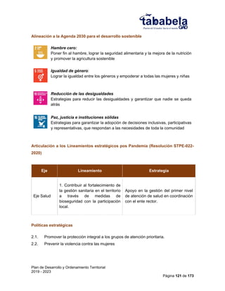 Plan de Desarrollo y Ordenamiento Territorial
2019 - 2023
Página 121 de 173
Alineación a la Agenda 2030 para el desarrollo sostenible
Hambre cero:
Poner fin al hambre, lograr la seguridad alimentaria y la mejora de la nutrición
y promover la agricultura sostenible
Igualdad de género:
Lograr la igualdad entre los géneros y empoderar a todas las mujeres y niñas
Reducción de las desigualdades
Estrategias para reducir las desigualdades y garantizar que nadie se queda
atrás
Paz, justicia e instituciones sólidas
Estrategias para garantizar la adopción de decisiones inclusivas, participativas
y representativas, que respondan a las necesidades de toda la comunidad
Articulación a los Lineamientos estratégicos pos Pandemia (Resolución STPE-022-
2020)
Eje Lineamiento Estrategia
Eje Salud
1. Contribuir al fortalecimiento de
la gestión sanitaria en el territorio
a través de medidas de
bioseguridad con la participación
local.
Apoyo en la gestión del primer nivel
de atención de salud en coordinación
con el ente rector.
Políticas estratégicas
2.1. Promover la protección integral a los grupos de atención prioritaria.
2.2. Prevenir la violencia contra las mujeres
 