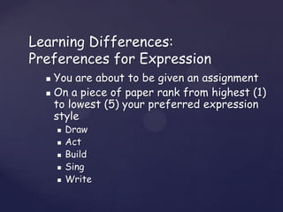 Learning Differences:
Preferences for Expression
   You are about to be given an assignment
   On a piece of paper rank from highest (1)
    to lowest (5) your preferred expression
    style
         Draw
         Act
         Build
         Sing
         Write
 
