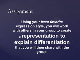 Assignment
      Using your least favorite
  expression style, you will work
 with others in your group to create
    a representation to
  explain differentiation
  that you will then share with the
                group.
 