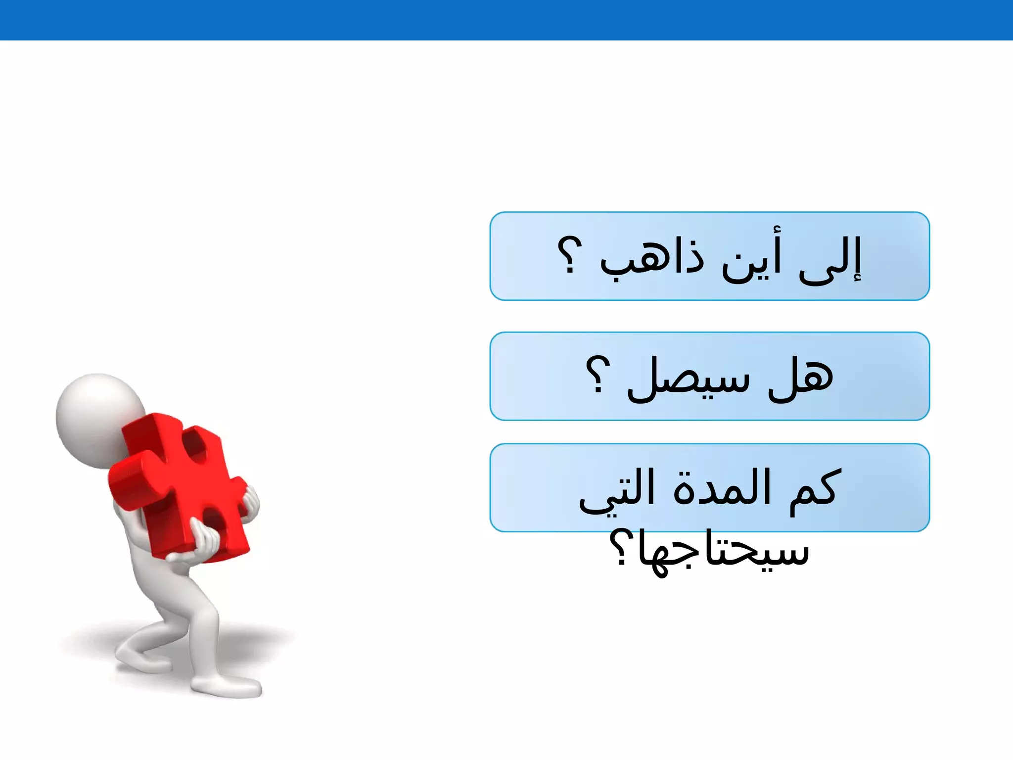 ‫؟‬ ‫ذاهب‬ ‫أين‬ ‫إلى‬
‫؟‬ ‫سيصل‬ ‫هل‬
‫التي‬ ‫المدة‬ ‫كم‬
‫سيحتاجها؟‬
 