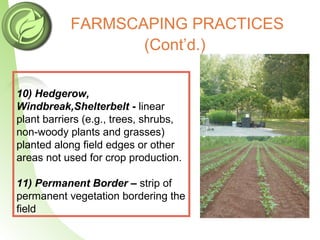 FARMSCAPING PRACTICES
(Cont’d.)
10) Hedgerow,
Windbreak,Shelterbelt - linear
plant barriers (e.g., trees, shrubs,
non-woody plants and grasses)
planted along field edges or other
areas not used for crop production.
11) Permanent Border – strip of
permanent vegetation bordering the
field
 