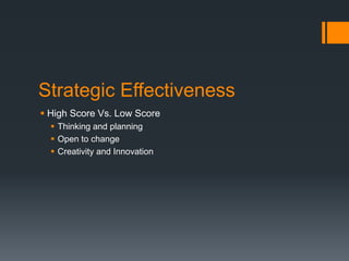 Strategic Effectiveness
 High Score Vs. Low Score
 Thinking and planning
 Open to change
 Creativity and Innovation
 