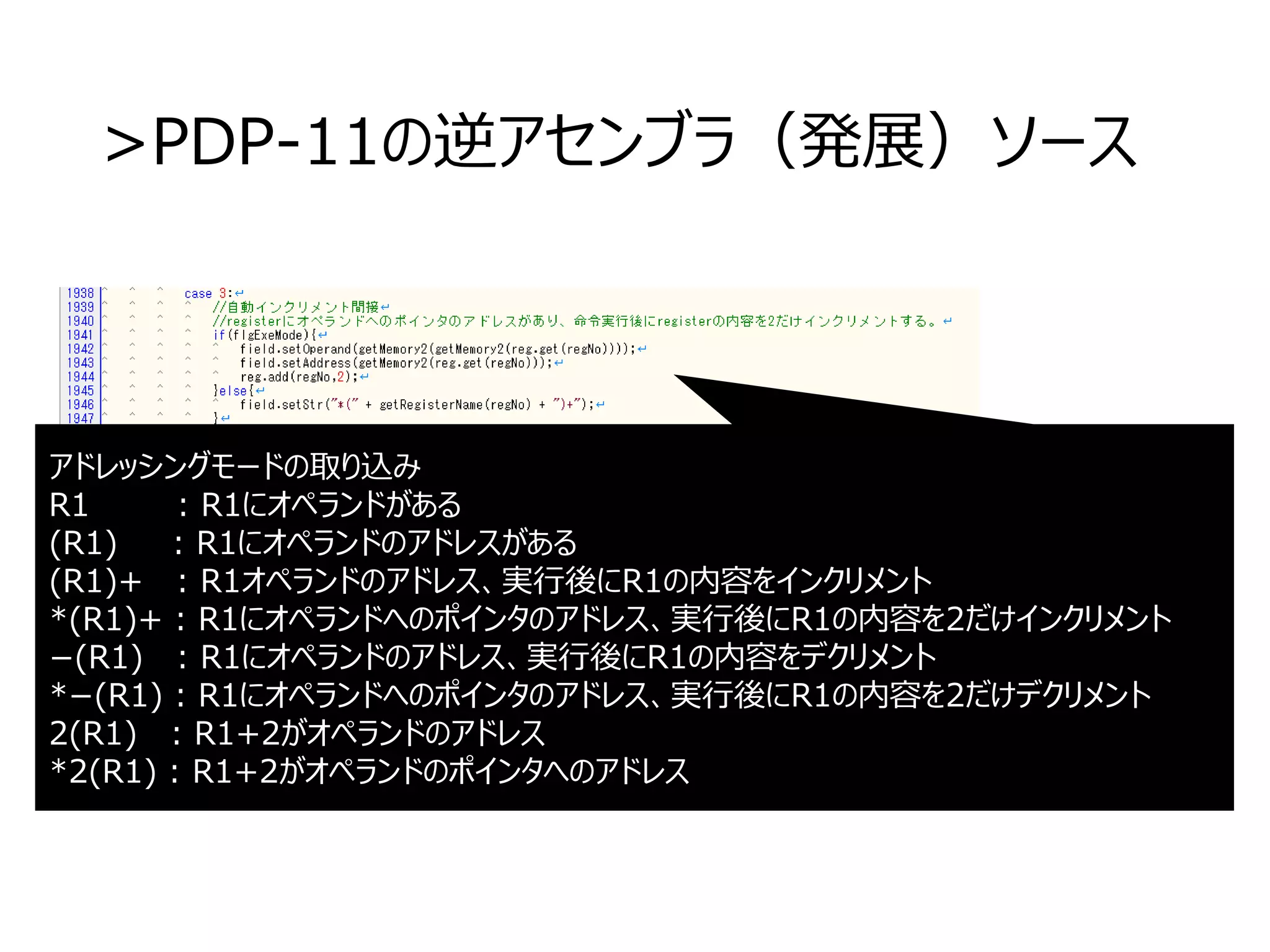 >PDP-11の逆アセンブラ（発展）ソース
アドレッシングモードの取り込み
R1 : R1にオペランドがある
(R1) : R1にオペランドのアドレスがある
(R1)+ : R1オペランドのアドレス、実行後にR1の内容をインクリメント
*(R1)+ : R1にオペランドへのポインタのアドレス、実行後にR1の内容を2だけインクリメント
−(R1) : R1にオペランドのアドレス、実行後にR1の内容をデクリメント
*−(R1) : R1にオペランドへのポインタのアドレス、実行後にR1の内容を2だけデクリメント
2(R1) : R1+2がオペランドのアドレス
*2(R1) : R1+2がオペランドのポインタへのアドレス
 