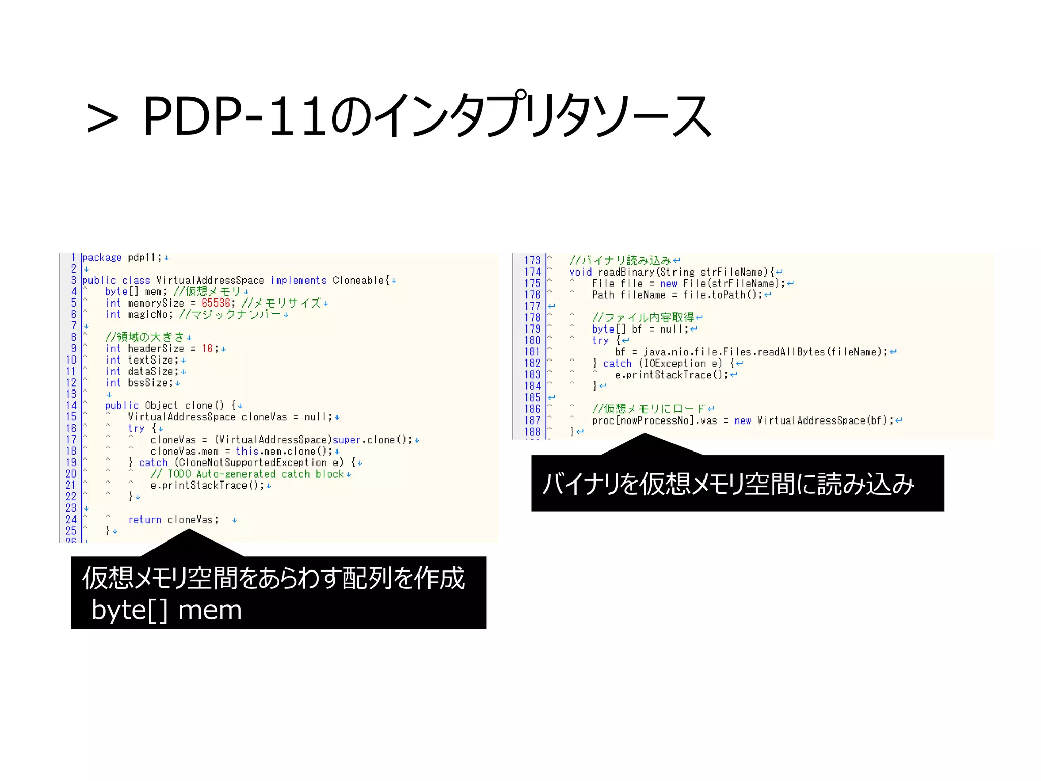 > PDP-11のインタプリタソース
仮想メモリ空間をあらわす配列を作成
byte[] mem
バイナリを仮想メモリ空間に読み込み
 