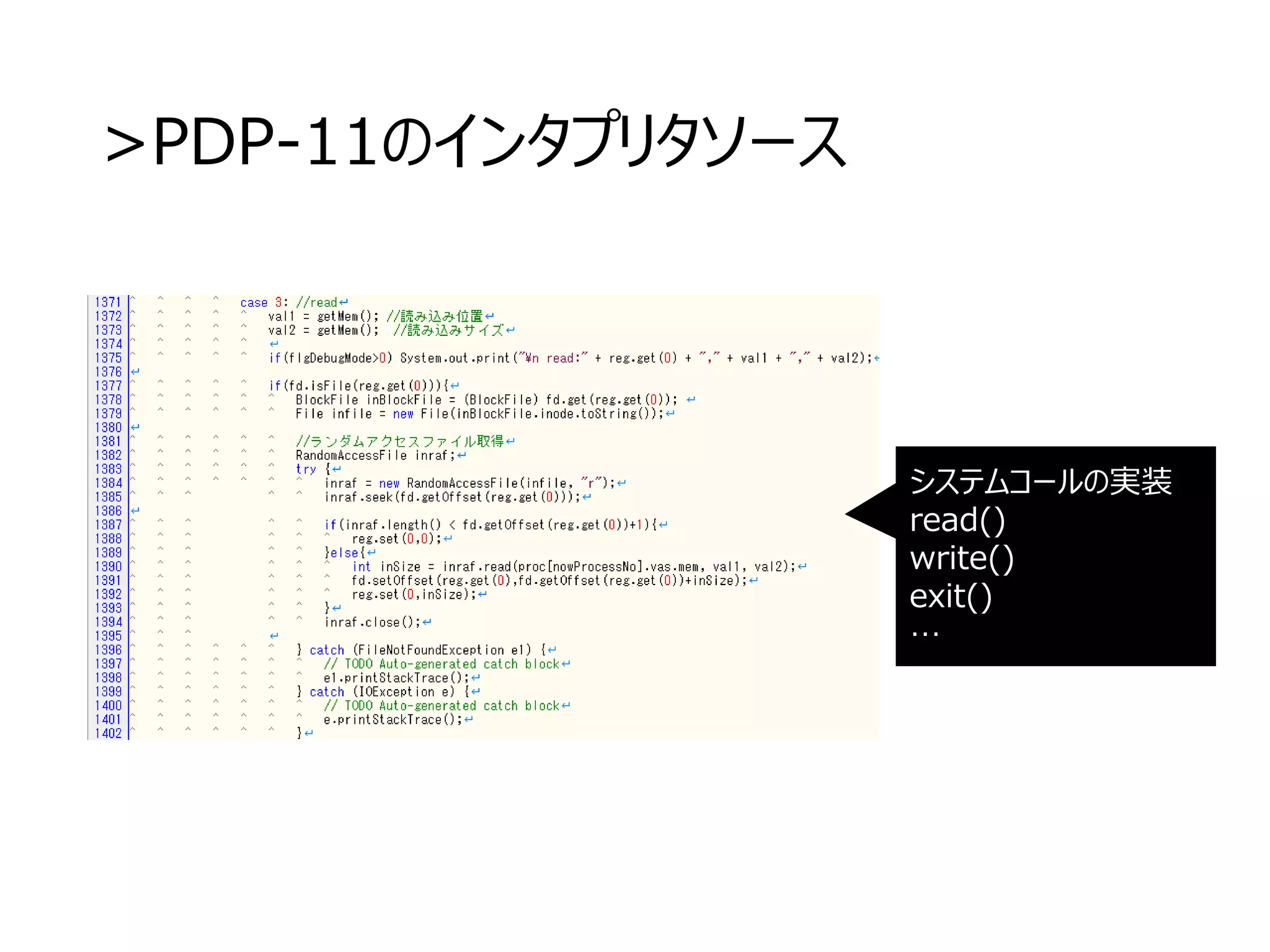 >PDP-11のインタプリタソース
システムコールの実装
read()
write()
exit()
…
 