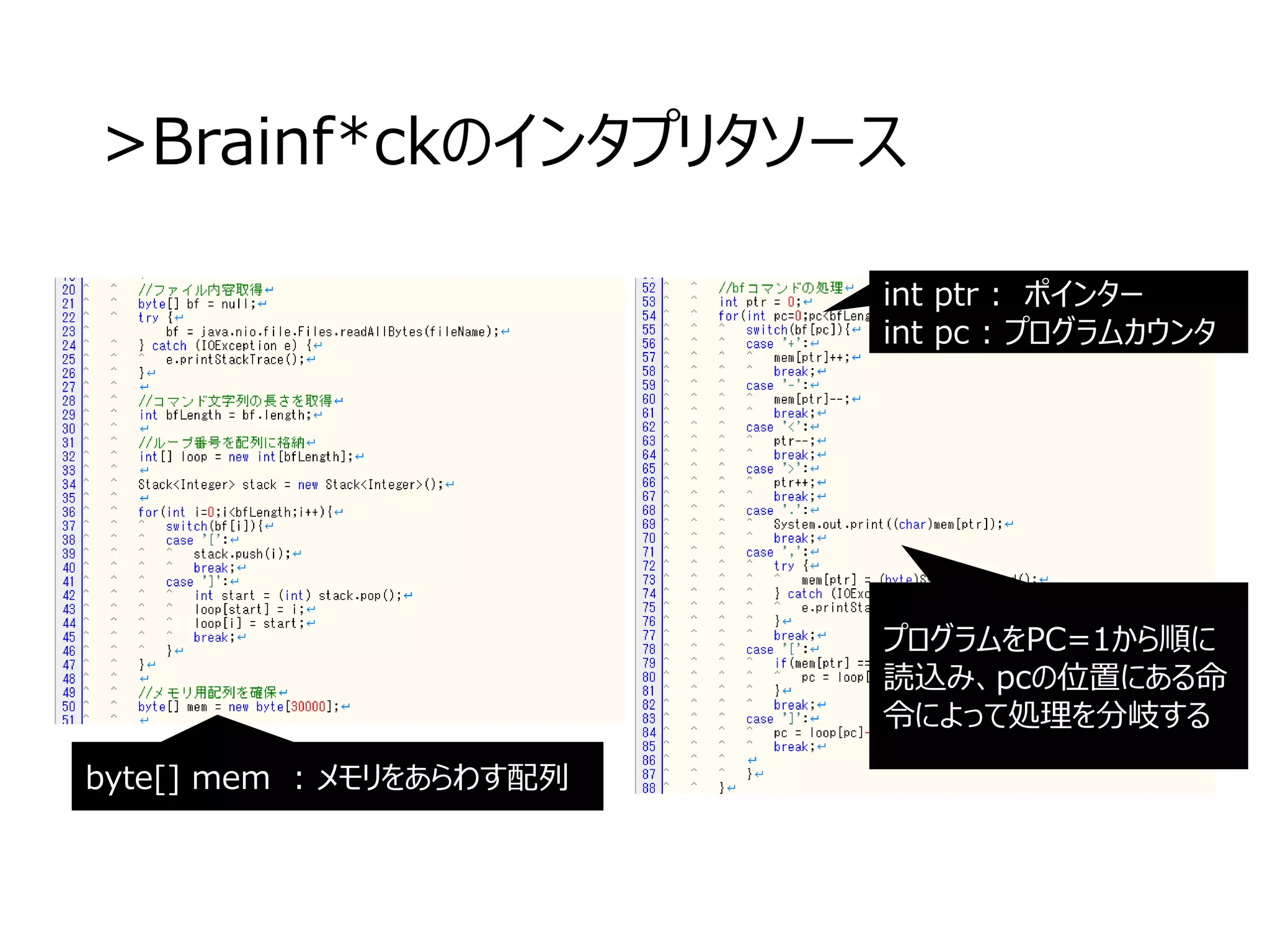 >Brainf*ckのインタプリタソース
byte[] mem : メモリをあらわす配列
プログラムをPC=1から順に
読込み、pcの位置にある命
令によって処理を分岐する
int ptr : ポインター
int pc : プログラムカウンタ
 