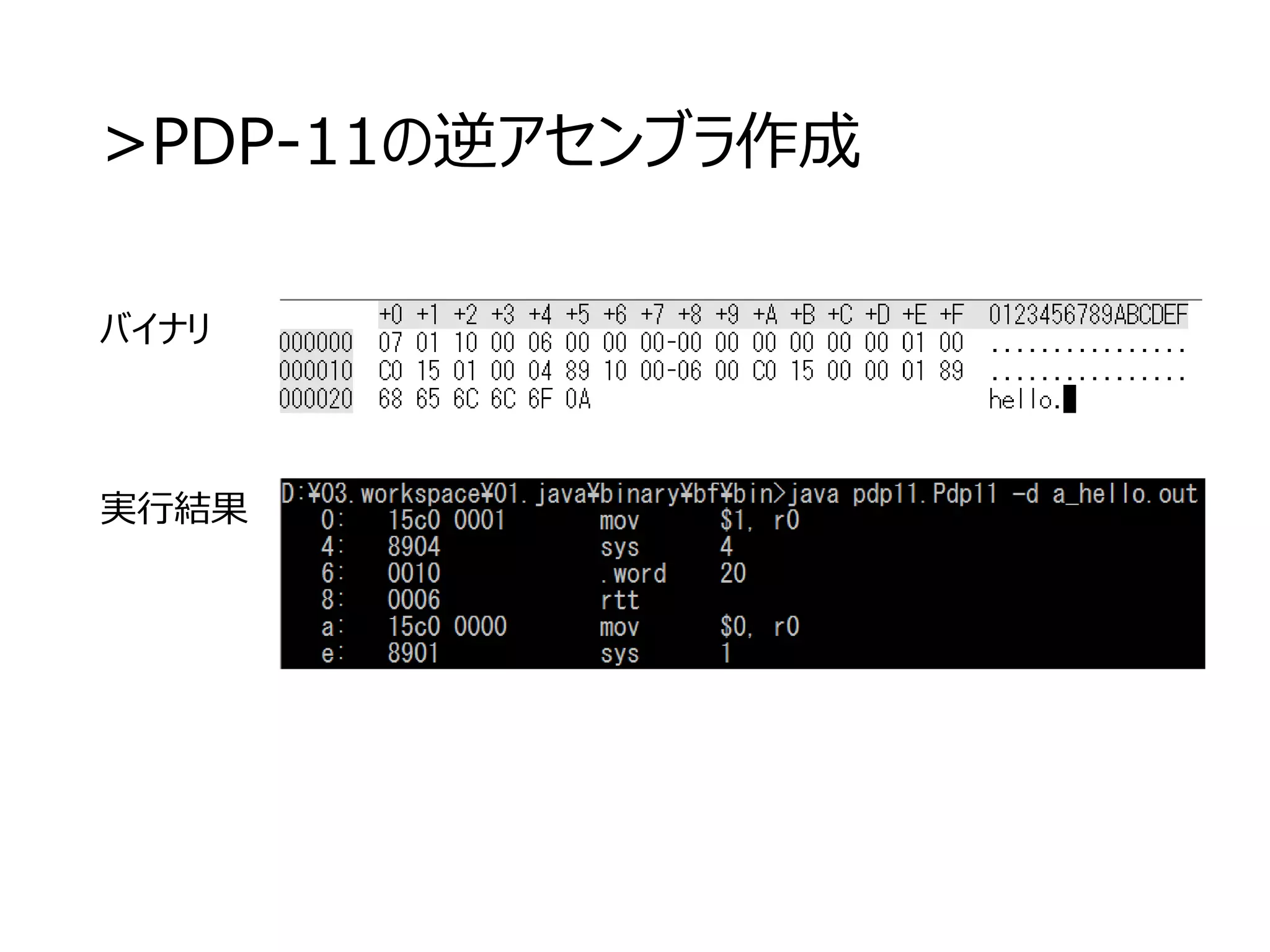 >PDP-11の逆アセンブラ作成
バイナリ
実行結果
 
