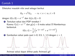 Contoh 1
Diketahui masalah nilai awal sebagai berikut
Utt = c2
Uxx − ∞ < x < ∞, t > 0
dengan U(x, 0) = e−x2
dan Ut(x, 0) = 0
1 Tentukan solusi dari PDP tersebut !
Karena f (x) = e−x2
dan g(x) = 0 maka solusi D’Alembertnya
berbentuk
U(x, t) =
1
2
e−(x−ct)2
+ e−(x+ct)2
2 Gambarkan solusi pada saat t=0, 0.5, 1, 1.5 dengan c = 1
Animasi solusi dapat dilihat pada Animasi1.gif
Heni Widayani (UIN Maulana Malik Ibrahim Malang) Wave Eq. 1D April 6, 2020 12 / 17
 