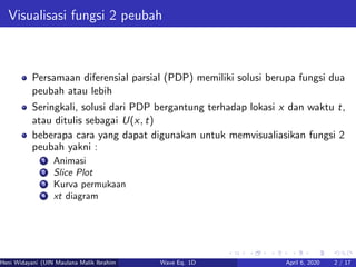 Visualisasi fungsi 2 peubah
Persamaan diferensial parsial (PDP) memiliki solusi berupa fungsi dua
peubah atau lebih
Seringkali, solusi dari PDP bergantung terhadap lokasi x dan waktu t,
atau ditulis sebagai U(x, t)
beberapa cara yang dapat digunakan untuk memvisualiasikan fungsi 2
peubah yakni :
1 Animasi
2 Slice Plot
3 Kurva permukaan
4 xt diagram
Heni Widayani (UIN Maulana Malik Ibrahim Malang) Wave Eq. 1D April 6, 2020 2 / 17
 
