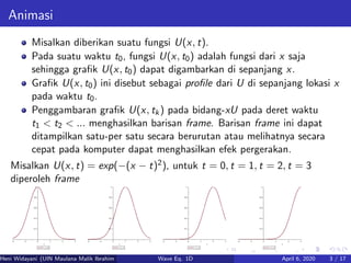 Animasi
Misalkan diberikan suatu fungsi U(x, t).
Pada suatu waktu t0, fungsi U(x, t0) adalah fungsi dari x saja
sehingga graﬁk U(x, t0) dapat digambarkan di sepanjang x.
Graﬁk U(x, t0) ini disebut sebagai proﬁle dari U di sepanjang lokasi x
pada waktu t0.
Penggambaran graﬁk U(x, tk) pada bidang-xU pada deret waktu
t1 < t2 < ... menghasilkan barisan frame. Barisan frame ini dapat
ditampilkan satu-per satu secara berurutan atau melihatnya secara
cepat pada komputer dapat menghasilkan efek pergerakan.
Misalkan U(x, t) = exp(−(x − t)2), untuk t = 0, t = 1, t = 2, t = 3
diperoleh frame
Heni Widayani (UIN Maulana Malik Ibrahim Malang) Wave Eq. 1D April 6, 2020 3 / 17
 