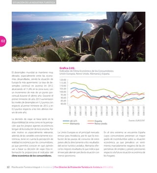 Planificación Turística Integral de Andalucía | Plan Director de Promoción Turística de Andalucía 2013-201622
SITUACIÓN DE LA INDUSTRIA TURÍSTICA
El desempleo mundial se mantiene muy
elevado, especialmente entre las econo-
mías desarrolladas, siendo la situación de
Europa la más apremiante. La tasa de de­
sempleo continuó en ascenso en 2012,
alcanzando el 11,4% en la zona euro, con
un incremento de más de un punto por-
centual durante el último año. Durante el
primer trimestre de año 2013 aumentaron
los niveles de desempleo en 1,2 puntos con
respecto al primer trimestre de 2012 y en
0,3 puntos respecto a los tres últimos me-
ses de este año.
La decisión de viajar se basa tanto en la
disponibilidad de renta como en la percep-
ción que los propios agentes económicos
tengan de la evolución de la economía. Por
este motivo es especialmente relevante,
además de las variables estrictamente eco-
nómicas, tener en cuenta la percepción de
realidad económica por los consumidores,
ya que permitirá conocer en qué opinión
van a basar su decisión de viajar. Esta in-
formación la proporciona el indicador del
clima económico de los consumidores.
Gráfica 2.02.
Indicador de Clima Económico de los Consumidores.
Unión Europea, Reino Unido, Alemania y España.
Fuente: EUROSTAT
Reino UnidoAlemania
EspañaUE (27)
2013M05
2013M03
2013M01
2012M011
2012M09
2012M07
2012M05
2012M03
2012M01
2011M011
2011M09
2011M07
2011M05
2011M03
2011M01
120.00
115.00
110.00
105.00
100.00
95.00
90.00
85.00
80.00
La Unión Europea es el principal mercado
emisor para Andalucía, por lo que la evo-
lución de las pautas de consumo de estos
países afecta directamente a los resultados
del sector turístico andaluz. Alemania ofre-
ce los mejores resultados, lo que indica que
el mercado alemán percibe la situación con
menor pesimismo.
En el otro extremo se encuentra España
cuyos consumidores presentan un mayor
grado de incertidumbre sobre su situación
económica, ya que prevalece un senti-
miento marcadamente negativo de las ex-
pectativas de empleo y peores previsiones
respecto a la futura situación económica de
los hogares.
02
 