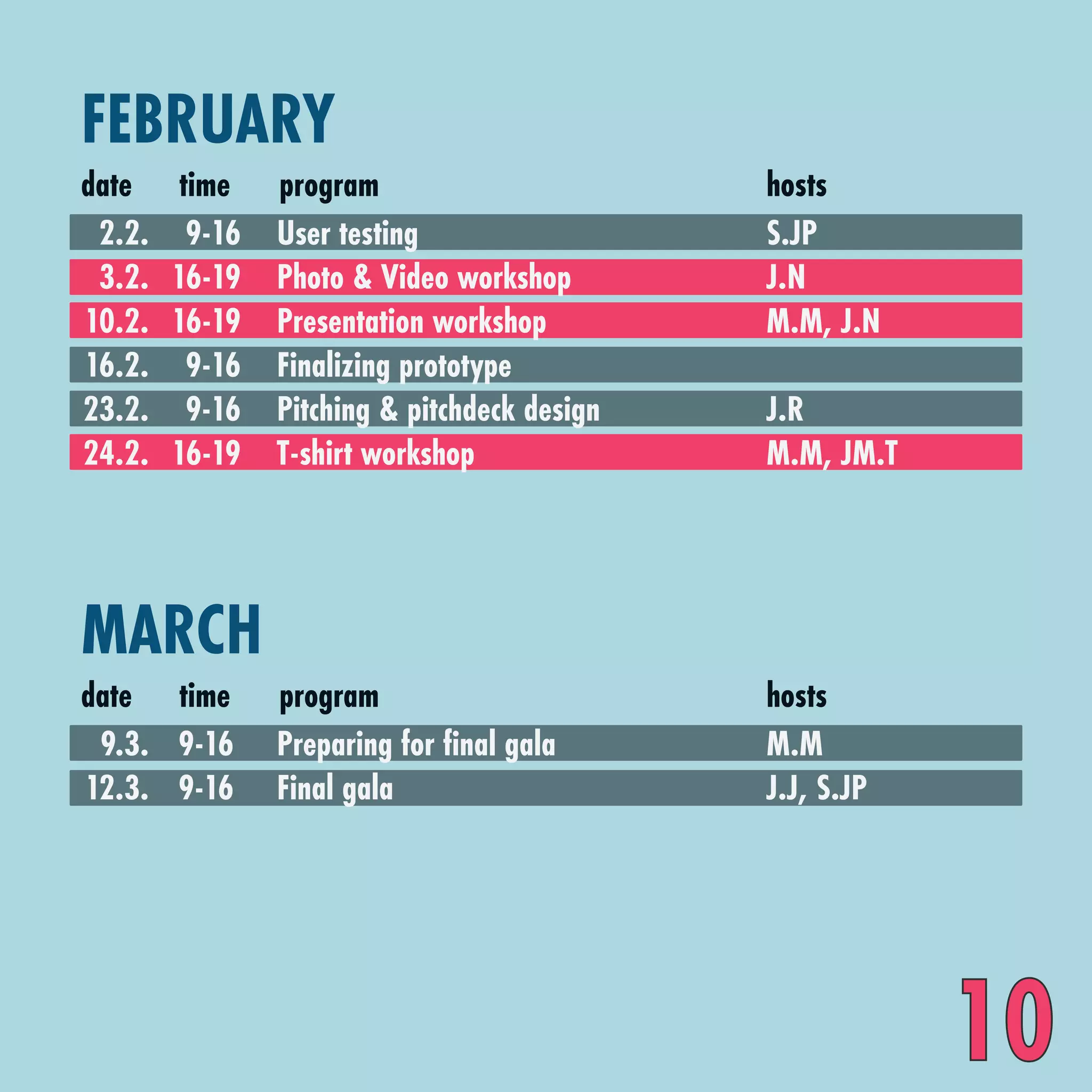 FEBRUARY
date
2.2.
3.2.
10.2.
16.2.
23.2.
24.2.
9-16
16-19
16-19
9-16
9-16
16-19
User testing
Photo & Video workshop
Presentation workshop
Finalizing prototype
Pitching & pitchdeck design
T-shirt workshop
time program hosts
S.JP
J.N
M.M, J.N
J.R
M.M, JM.T
MARCH
date
9.3.
12.3.
9-16
9-16
Preparing for final gala
Final gala
time program hosts
M.M
J.J, S.JP
10
 