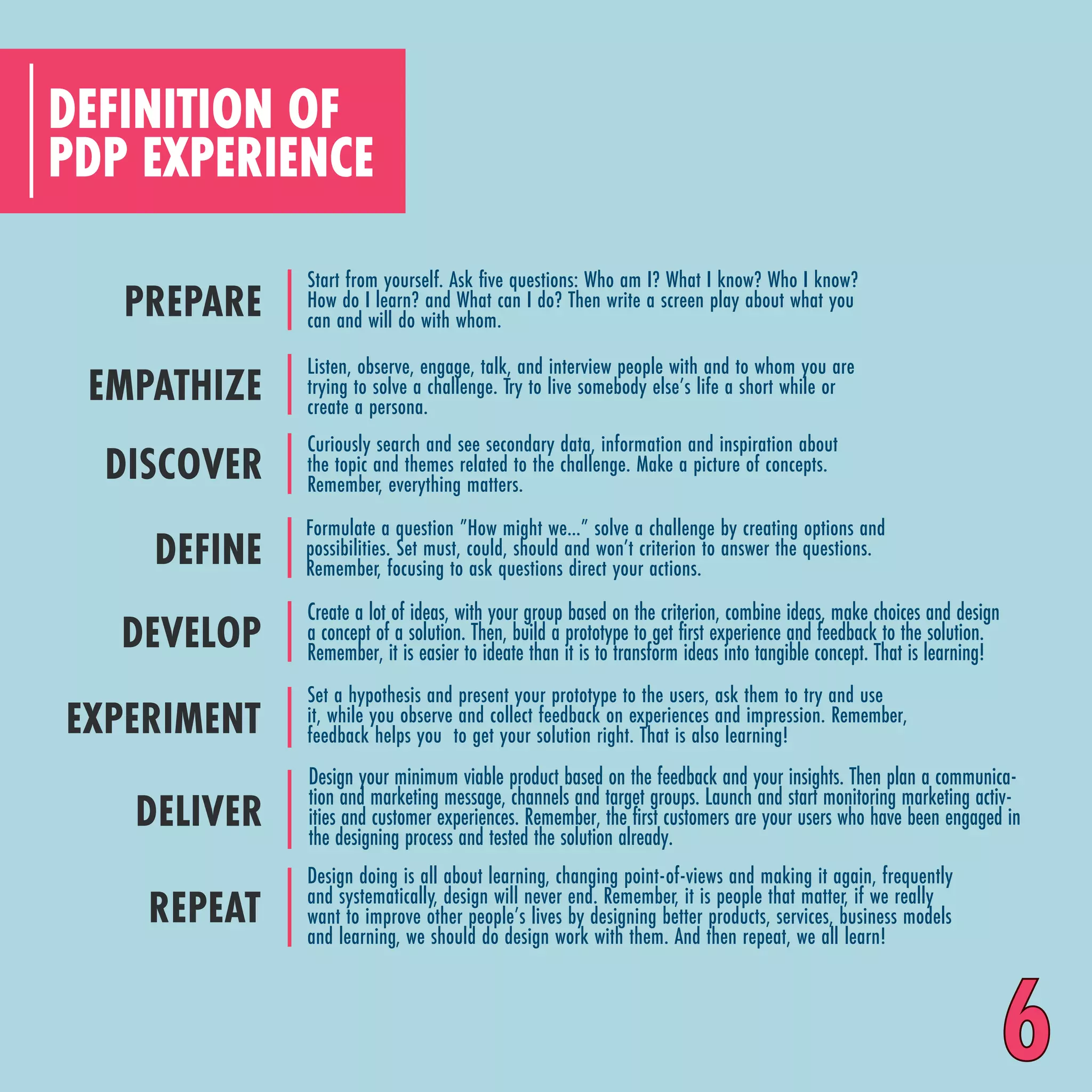 PDP EXPERIENCE
DEFINITION OF
PREPARE
Start from yourself. Ask five questions: Who am I? What I know? Who I know?
How do I learn? and What can I do? Then write a screen play about what you
can and will do with whom.
EMPATHIZE
Listen, observe, engage, talk, and interview people with and to whom you are
trying to solve a challenge. Try to live somebody else’s life a short while or
create a persona.
DISCOVER
Curiously search and see secondary data, information and inspiration about
the topic and themes related to the challenge. Make a picture of concepts.
Remember, everything matters.
DEFINE
Formulate a question ”How might we…” solve a challenge by creating options and
possibilities. Set must, could, should and won’t criterion to answer the questions.
Remember, focusing to ask questions direct your actions.
DEVELOP
Create a lot of ideas, with your group based on the criterion, combine ideas, make choices and design
a concept of a solution. Then, build a prototype to get first experience and feedback to the solution.
Remember, it is easier to ideate than it is to transform ideas into tangible concept. That is learning!
EXPERIMENT
Set a hypothesis and present your prototype to the users, ask them to try and use
it, while you observe and collect feedback on experiences and impression. Remember,
feedback helps you to get your solution right. That is also learning!
DELIVER
Design your minimum viable product based on the feedback and your insights. Then plan a communica-
tion and marketing message, channels and target groups. Launch and start monitoring marketing activ-
ities and customer experiences. Remember, the first customers are your users who have been engaged in
the designing process and tested the solution already.
REPEAT
Design doing is all about learning, changing point-of-views and making it again, frequently
and systematically, design will never end. Remember, it is people that matter, if we really
want to improve other people’s lives by designing better products, services, business models
and learning, we should do design work with them. And then repeat, we all learn!
6
 