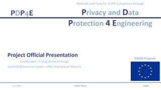 PDP4E
Methods and Tools for GDPR Compliance through
Privacy and Data
Protection 4 Engineering
Project Official Presentation
Coordinator: Trialog (Antonio Kung)
Scientific&Technical leader: UPM (Yod Samuel Martin)
3 Jul 2018 PDP4E Official PDP4E
H2020 Program
 