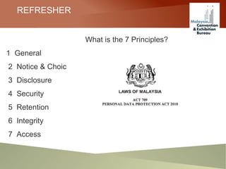 REFRESHER
What is the 7 Principles?
1 General
2 Notice & Choice
3 Disclosure
4 Security
5 Retention
6 Integrity
7 Access
 