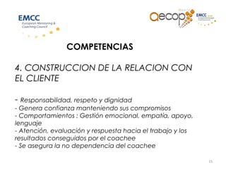15
COMPETENCIAS
4. CONSTRUCCION DE LA RELACION CON
EL CLIENTE
- Responsabilidad, respeto y dignidad
- Genera confianza manteniendo sus compromisos
- Comportamientos : Gestión emocional, empatía, apoyo,
lenguaje
- Atención, evaluación y respuesta hacia el trabajo y los
resultados conseguidos por el coachee
- Se asegura la no dependencia del coachee
 
 