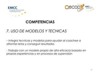 18
COMPETENCIAS
7. USO DE MODELOS Y TECNICAS
- Integra tecnicas y modelos para ayudar al coachee a
afrontar retos y conseguir resultados
- Trabaja con un modelo propio de alta eficacia basado en
propias experiencias y en procesos de supervisión
 
 