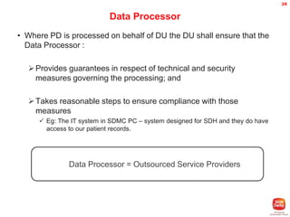 29

Data Processor
• Where PD is processed on behalf of DU the DU shall ensure that the
Data Processor :
 Provides guarantees in respect of technical and security
measures governing the processing; and
 Takes reasonable steps to ensure compliance with those
measures
 Eg: The IT system in SDMC PC – system designed for SDH and they do have
access to our patient records.

Data Processor = Outsourced Service Providers

 