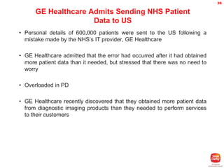 38

GE Healthcare Admits Sending NHS Patient
Data to US
• Personal details of 600,000 patients were sent to the US following a
mistake made by the NHS’s IT provider, GE Healthcare
• GE Healthcare admitted that the error had occurred after it had obtained
more patient data than it needed, but stressed that there was no need to
worry
• Overloaded in PD
• GE Healthcare recently discovered that they obtained more patient data
from diagnostic imaging products than they needed to perform services
to their customers

 