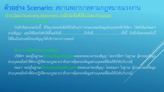 ตัวอย่าง Scenario: สถานพยาบาลตามกฎหมายแรงงาน
(ร่าง) Data Processing Agreement กรณีรามาธิบดีเป็น Data Processor
ข้อ ๒ ขอบเขตการบังคับใช้
บันทึกข้อตกลงฉบับนี้ มีวัตถุประสงค์เพื่อใช้บังคับแก่การประมวลผลข้อมูลส่วนบุคคลที่บริษัทฯ ได้ส่งให้แก่คณะฯ
ตามสัญญา และให้มีผลบังคับใช้ตั้งแต่วันที่..............................ถึงวันที่.....................................ทั้งนี้ บันทึกข้อตกลงฉบับนี้
ให้ถือเป็นส่วนหนึ่งของสัญญาให้บริการทางการแพทย์
ข้อ ๓ ความสัมพันธ์ระหว่างคู่สัญญา
บริษัทฯ จะอยู่ในฐานะผู้ควบคุมข้อมูลส่วนบุคคลตลอดระยะเวลาของสัญญา โดยบริษัทฯ ในฐานะ ผู้ควบคุมข้อมูล
ส่วนบุคคลมีหน้าที่ต้องปฏิบัติตามกฎหมายว่าด้วยการคุ้มครองข้อมูลส่วนบุคคลที่มีผลใช้บังคับกับกรณี
คณะฯ จะอยู่ในฐานะผู้ประมวลผลข้อมูลส่วนบุคคลตลอดเวลาของสัญญา โดยคณะฯ ในฐานะ ผู้ประมวลผลข้อมูล
ส่วนบุคคลมีหน้าที่ต้องปฏิบัติตามกฎหมายว่าด้วยการคุ้มครองข้อมูลส่วนบุคคลที่มีผลใช้บังคับกับกรณี
 