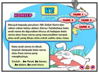 Merujuk kepada penulisan Nik Safiah Karim dan
rakan-rakan beliau dalam Kamus Tatabahasa, kata
sendi nama ke digunakan khusus di hadapan kata
nama atau frasa nama yang menunjukkan tempat
atau arah yang dituju serta untuk waktu atau masa.


  Kata sendi nama ini ditulis
  terpisah daripada kata nama
  atau frasa nama yang
  mengikutinya.
   Contoh : ke Perak, ke kanan,
     ke dalam, ke arah timur.
 