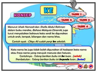 Menurut Ishak Hamzah dan Shafie Abdul Rahman
dalam buku mereka, Bahasa Malaysia Dinamik, juga
turut menyatakan bahawa kata sendi ke digunakan
untuk arah, tempat, bilangan dan nama khas.
   Contoh ayat : Cikgu Ali sudah pergi ke sekolah.

  Kata nama ke juga tidak boleh digunakan di hadapan kata nama
  atau frasa nama yang merujuk manusia dan haiwan.
          Contohnya : Tolong berikan buku ini ke Iwan. (salah)
      Pembetulan : Tolong berikan buku ini kepada Iwan. (betul)
 