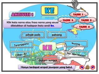 Klik kata nama atau frasa nama yang sesuai
    diletakkan di hadapan kata sendi ke.


               pihak polis          petang




                         dalam sungai
 