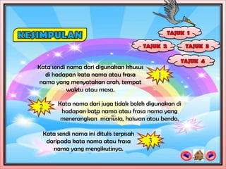 Kata sendi nama dari digunakan khusus
  di hadapan kata nama atau frasa           1
nama yang menyatakan arah, tempat
           waktu atau masa.

       Kata nama dari juga tidak boleh digunakan di
2
        hadapan kata nama atau frasa nama yang
        menerangkan manusia, haiwan atau benda.

 Kata sendi nama ini ditulis terpisah
  daripada kata nama atau frasa         3
    nama yang mengikutinya.
 