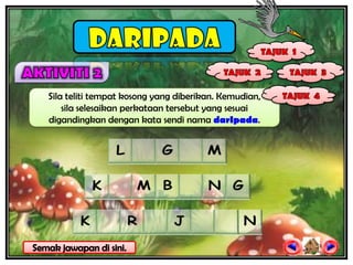 Sila teliti tempat kosong yang diberikan. Kemudian,
    sila selesaikan perkataan tersebut yang sesuai
digandingkan dengan kata sendi nama darIpada.
 