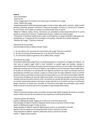 Clase 5:
-Aula Tecnológica
-Nivel A1-A2
-Tema: Juegos para los números y las frases que se utilizan en el juego
-Input: Tablero del juego
-Aspectogramatical:Pedirpermisoparajugare invitar a hacer algo, pedir, cancelar, negar y pedir
permiso. ¿Quieres,quieren+ infinitivo?. Frases de los juegos: Te toca a ti, me toca a mí, empiezo
yo, tú la llevas, tira el dado, es trampa. Los números del once al veinte.
-Material: Tablero, dados, fichas, Instructivo con actividad y conteo dependiendo de la casilla
donde se encuentre el alumno. Cuaderno del alumno. Tablets con ¡Hola amigos!
-Interacción: El profesor podrá llevar a cabo la actividad con el grupo completo o agrupará a los
estudiantes en 2 equipos de tres miembros ó en parejas. (flexible de acuerdo al grupo).
-Nombre del Juego: “Cuenta y muévete”
Desarrollo de la Actividad:
Esta actividad tendrá un tablero de por medio.
1.- Se les explica a los alumnos las instrucciones del juego “Cuenta y muévete”.
2.- Se hará un ensayo de prueba para ver si los alumnos tienen dudas.
3.- Se resolverán dudas en general y de la tablet ¡Hola, amigos!
Descripción del juego:
Se tendráel tablerodel juego físico o se podrá proyectar en el pizarrón la imagen del tablero. En
este caso se sugiere jugar toda la clase (también se puede jugar por parejas, equipos o
individualmente.) El profesor formará a los alumnos por estatura y en ese orden irán tirando los
dadospara avanzar con su fichaenel tablero,yasí esperarsuturno hasta que hayan tirado todos.
Se tendrá un instructivo, el cual describirá en algunas casillas en las cuales no está por escrito la
actividad que tendrán que realizar y según el número que les toque deberán iniciar un conteo
desde el númerounohastael númeroque leshayatocado y a su vezrealizarlaactividad indicada.
Instrucciones:El tablero se leerá de abajo hacia arriba, si te toca por ejemplo la casilla con figura
morada,esta serála casilla número cinco. Las casillas se cuentan de derecha a izquierda y tienen
un número consecutivo desde el principio, así por ejemplo o en la casilla uno hay un muñequito
beige; entonces se tendrá que consultar el instructivo para saber que actividad y que conteo
deberá realizar el alumno que al tirar los dados le haya tocado dicha casilla.
-Instructivo:
*Nota laserpiente siempre sube yla escalera siempre baja. (Dejé la opción de tomar en cuenta y
llevar a cabo la función de las escaleras y las serpientes a criterio del profesor).
-Acciones casillas del tablero:
Casilla 1: Muñequito beige: Golpea en la mesa con una mano once veces
Está indicado en tablero: Casilla 2: Aplaude veinte veces y cuenta al mismo tiempo
Casilla 3: Muñequito negro: Pierde un turno
*Esta indicado en tablero: Casilla 4: Mastica doce veces y ve contando en voz alta
Casilla 5: Gira tu cuerpo en sí mismo dieciocho veces y cuenta en voz alta
*Esta indicado en tablero: Casilla 6: Salta once veces y cuenta en voz alta
Casilla 7: Regresa dos espacios
 