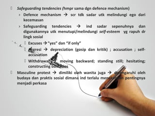  Safeguarding tendencies (hmpr sama dgn defence mechanism)
› Defence mechanism  scr tdk sadar utk melindungi ego dari
kecemasan
› Safeguarding tendencies  ind sadar sepenuhnya dan
digunakannya utk menutupi/melindungi self-esteem yg rapuh dr
lingk sosial
 Excuses ”yes” dan “if only”
 Aggresi  depreciation (gosip dan kritik) ; accusation ; self-
accusation
 Withdrawal  moving backward; standing still; hesitating;
constructing obstacles
 Masculine protest  dimiliki oleh wanita juga  dipengaruhi oleh
budaya dan praktis sosial dimana ind terlalu menekankan pentingnya
menjadi perkasa
 