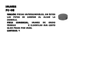 imanes
PC-08
función: piezas imprescindibles, sin éstos
las patas se caerían al alzar la
charola.
Pieza comercial, imanes de oxido
férrico           D 13.00x4.00 mm Costo
$2.00 pesos por imán.
cantidad. 4
 