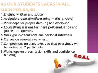 1.English: written and spoken
2.Aptitude preparation(Reasoning,maths,g.k,etc)
3.Workshops for proper dressing and discipline.
4.Counselling sessions for there post graduation and
job related queries.
5.Mock group discussions and personal interview.
6.Classes on general awareness.
7.Competitions on class level , so that everybody will
be motivated 2 participate.
8.Workshops on presentation skills and confidence
building.
 