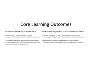 Core Learning Outcomes
On completion of this Module you should be able to:                     To achieve the learning objectives, you must demonstrate the ability to:

2 Demonstrate the relationship of the key theories,                     Understand and evaluate the ways in which the social, economic, cultural
concepts and structural determinants, as applied to your practice.      and technological changes and contexts are shaping your chosen area of practice

9 As a reflective practitioner, take responsibility for your learning   Reflect upon your own learning and achievements in order to become
and self-management, and make informed decisions about future           . more ‘self-directed’ in determining your future learning needs and aspirations
career or postgraduate study opportunities.
 